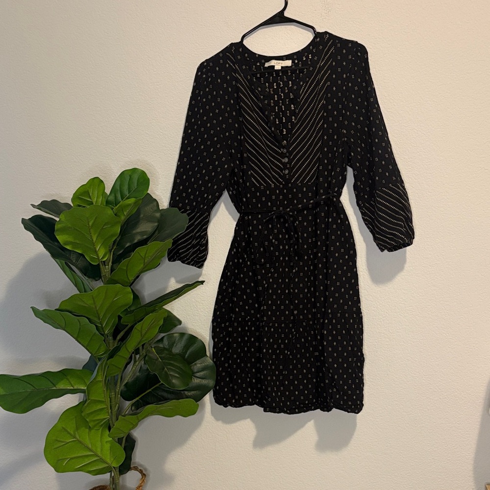 LOFT Black Long Sleeve Printed Belted Dress